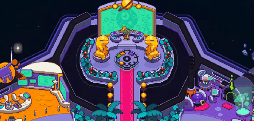 Screenshot aus Nova Lands: Eine futuristische Raumstation mit bunten Bereichen, Laboren und einer zentralen Plattform, auf der eine kleine Spielfigur steht.