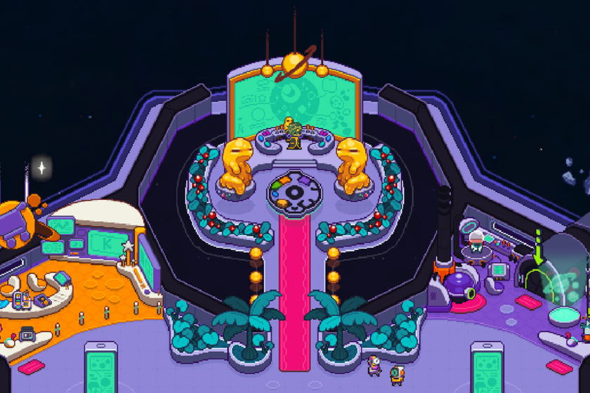 Screenshot aus Nova Lands: Eine futuristische Raumstation mit bunten Bereichen, Laboren und einer zentralen Plattform, auf der eine kleine Spielfigur steht.