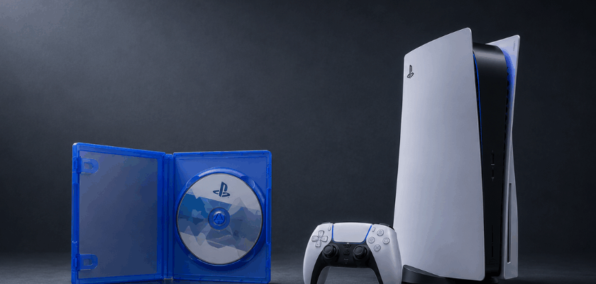 Geöffnete PlayStation-Spielhülle mit Disc neben einer PlayStation 5 und DualSense-Controller auf dunklem Studiohintergrund.
