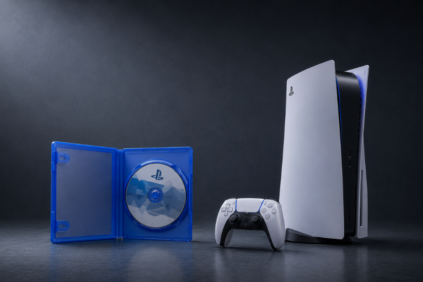 Geöffnete PlayStation-Spielhülle mit Disc neben einer PlayStation 5 und DualSense-Controller auf dunklem Studiohintergrund.