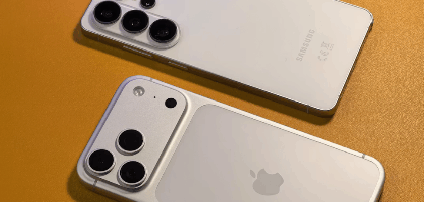 Ein Apple- und ein Samsung-Smartphone liegen nebeneinander auf einem orangenen Hintergrund.
