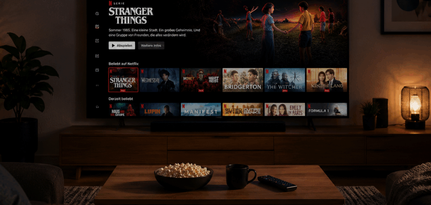 Gemütliches Wohnzimmer mit großem Fernseher, auf dem die Startseite von Netflix zu sehen ist. Im Vordergrund stehen ein Couchtisch mit Popcorn, Tasse und Fernbedienung sowie eine warme Ambientebeleuchtung, die für eine typische Streaming-Atmosphäre sorgt.