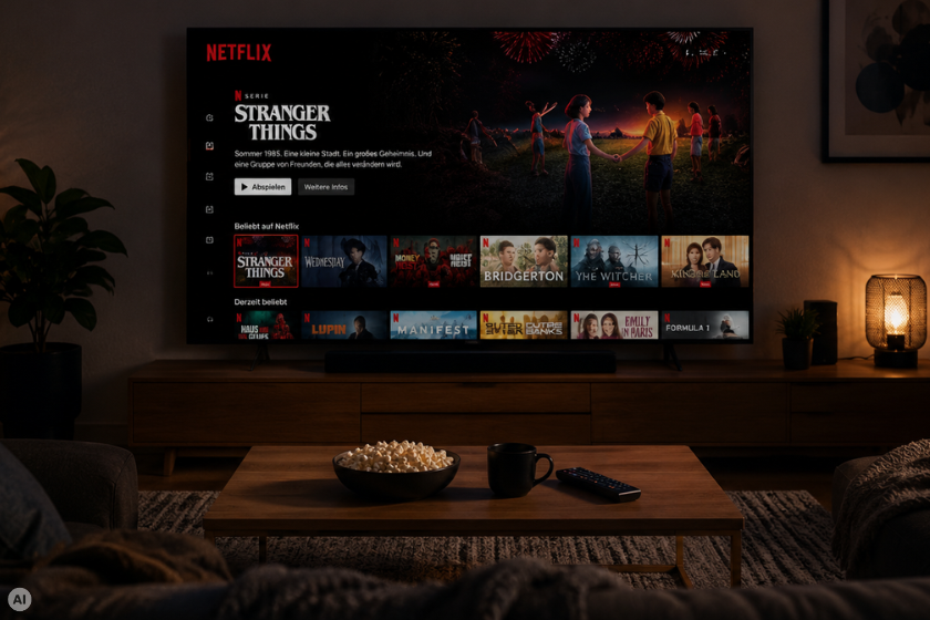 Gemütliches Wohnzimmer mit großem Fernseher, auf dem die Startseite von Netflix zu sehen ist. Im Vordergrund stehen ein Couchtisch mit Popcorn, Tasse und Fernbedienung sowie eine warme Ambientebeleuchtung, die für eine typische Streaming-Atmosphäre sorgt.