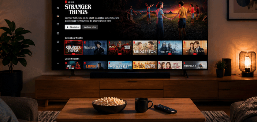 Gemütliches Wohnzimmer mit großem Fernseher, auf dem die Startseite von Netflix zu sehen ist. Im Vordergrund stehen ein Couchtisch mit Popcorn, Tasse und Fernbedienung sowie eine warme Ambientebeleuchtung, die für eine typische Streaming-Atmosphäre sorgt.