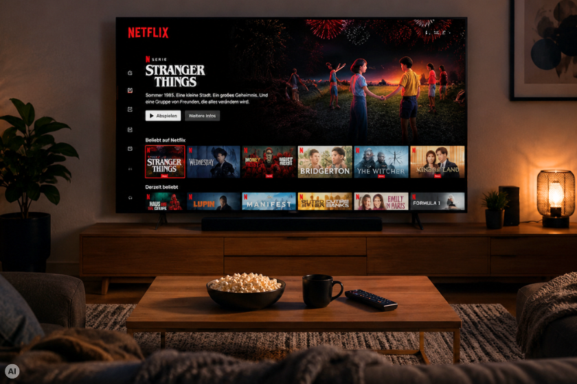 Gemütliches Wohnzimmer mit großem Fernseher, auf dem die Startseite von Netflix zu sehen ist. Im Vordergrund stehen ein Couchtisch mit Popcorn, Tasse und Fernbedienung sowie eine warme Ambientebeleuchtung, die für eine typische Streaming-Atmosphäre sorgt.
