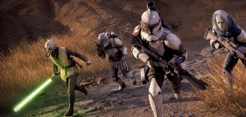Star Wars Zero Company zeigt einen Elite-Trupp aus Klonsoldaten, einem Jedi und weiteren Kämpfern, die während der Klonkriege über felsiges Gelände in den Kampf stürmen.