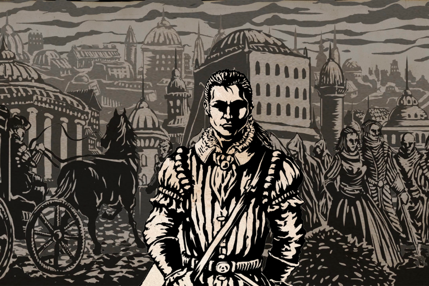 Der Protagonist aus The Life and Suffering of Sir Brante steht vor einer mittelalterlichen Stadt mit Menschen und Kutschen im Hintergrund.