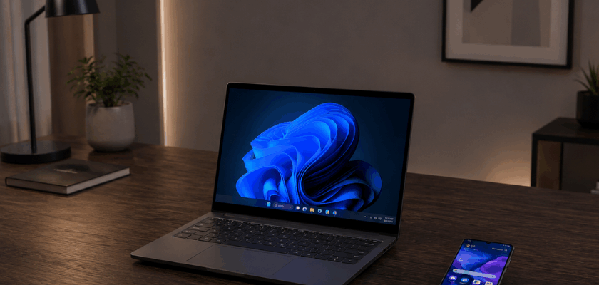 Minimalistischer Arbeitsplatz mit Windows-Laptop und Android-Smartphone in stilvoller, dezent beleuchteter Umgebung.