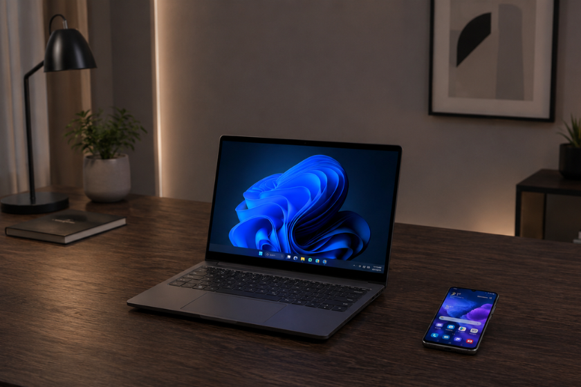 Minimalistischer Arbeitsplatz mit Windows-Laptop und Android-Smartphone in stilvoller, dezent beleuchteter Umgebung.