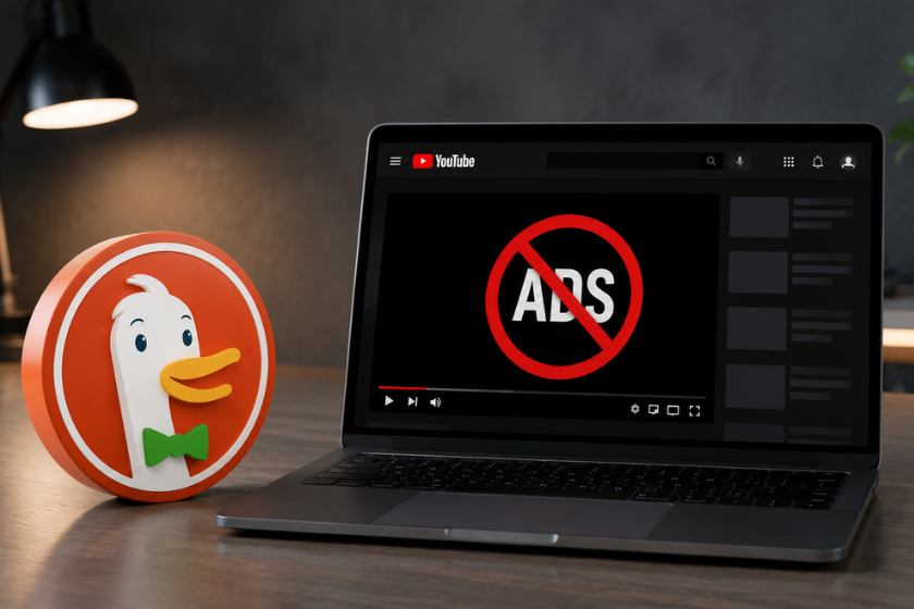 Laptop mit geöffneter YouTube-Webseite und einem Symbol für blockierte Werbung auf dem Bildschirm. Daneben steht das DuckDuckGo-Logo auf einem Schreibtisch in einer modernen, dunklen Büroumgebung.