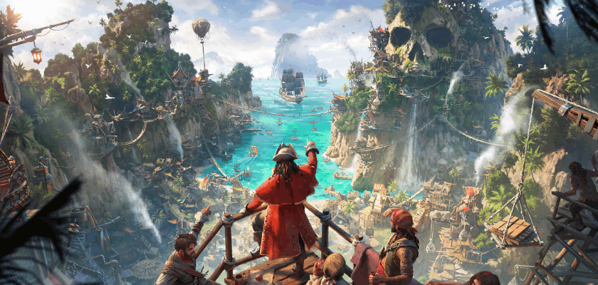 Das Bild zeigt ein farbenfrohes Artwork zum Aufbauspiel „Corsair Cove“. Im Vordergrund blickt eine Gruppe von Piraten auf eine lebhafte Hafenbucht mit türkisfarbenem Wasser, Segelschiffen und dicht bebauten Siedlungen zwischen tropischen Inseln. Markante Felsformationen in Form eines Totenschädels, Wasserfälle und üppige Vegetation verleihen der Szene eine abenteuerliche Piratenatmosphäre.