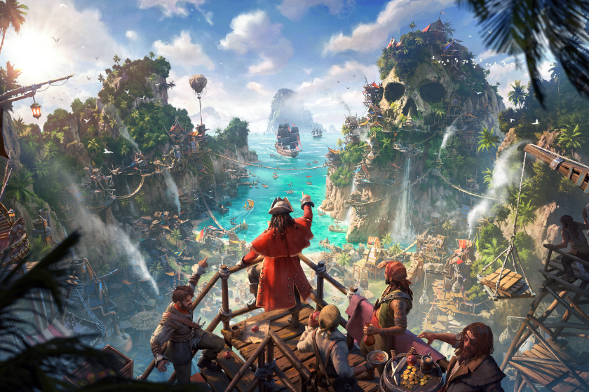 Das Bild zeigt ein farbenfrohes Artwork zum Aufbauspiel „Corsair Cove“. Im Vordergrund blickt eine Gruppe von Piraten auf eine lebhafte Hafenbucht mit türkisfarbenem Wasser, Segelschiffen und dicht bebauten Siedlungen zwischen tropischen Inseln. Markante Felsformationen in Form eines Totenschädels, Wasserfälle und üppige Vegetation verleihen der Szene eine abenteuerliche Piratenatmosphäre.