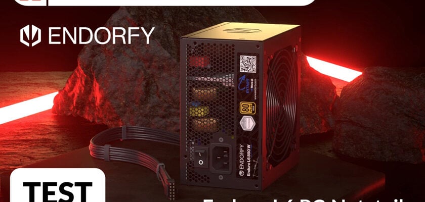 Das Bild zeigt ein Endorfy Enduro L6 PC-Netzteil vor einem dunkel gehaltenen Hintergrund mit roten Lichteffekten. Außerdem sind ein abnehmbares Kabel sowie Hinweise auf den Testbericht und die verfügbaren Leistungsstufen mit 650, 750 und 850 Watt zu sehen.