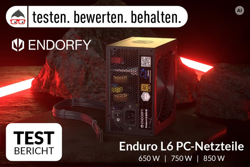 Das Bild zeigt ein Endorfy Enduro L6 PC-Netzteil vor einem dunkel gehaltenen Hintergrund mit roten Lichteffekten. Außerdem sind ein abnehmbares Kabel sowie Hinweise auf den Testbericht und die verfügbaren Leistungsstufen mit 650, 750 und 850 Watt zu sehen.