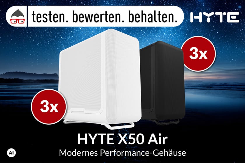 Werbebanner für die Aktion „testen. bewerten. behalten.“ mit dem modernen Performance-Gehäuse HYTE X50 Air. Abgebildet sind das PC-Gehäuse in einer weißen und einer schwarzen Variante vor einem nächtlichen Landschaftshintergrund. Rote Kreise mit der Aufschrift „3x“ weisen darauf hin, dass drei Exemplare jeder Variante zum Produkttest verfügbar sind. Der Markenname HYTE sowie die Produktbezeichnung „HYTE X50 Air – Modernes Performance-Gehäuse“ sind gut sichtbar eingeblendet.