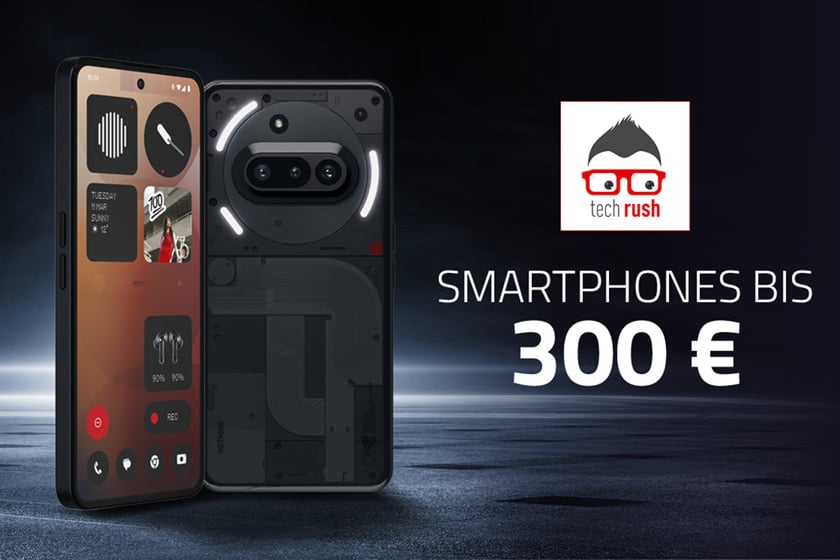 Das Bild zeigt ein Titelmotiv zum Thema Smartphones bis 300 Euro 2026. Links ist ein schwarzes Smartphone von vorne und hinten zu sehen, rechts stehen das techrush-Logo und der Schriftzug „Smartphones bis 300 €“ vor einem dunklen Hintergrund.