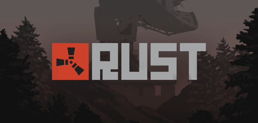 Das Bild zeigt das Logo des Survival-Spiels Rust vor einer stilisierten Landschaft mit Nadelbäumen und einer großen Industrieanlage im Hintergrund.