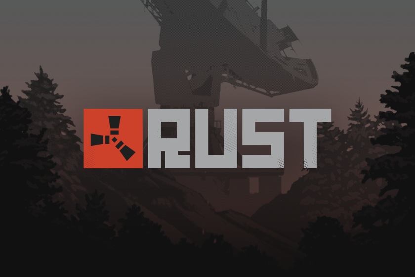 Das Bild zeigt das Logo des Survival-Spiels Rust vor einer stilisierten Landschaft mit Nadelbäumen und einer großen Industrieanlage im Hintergrund.