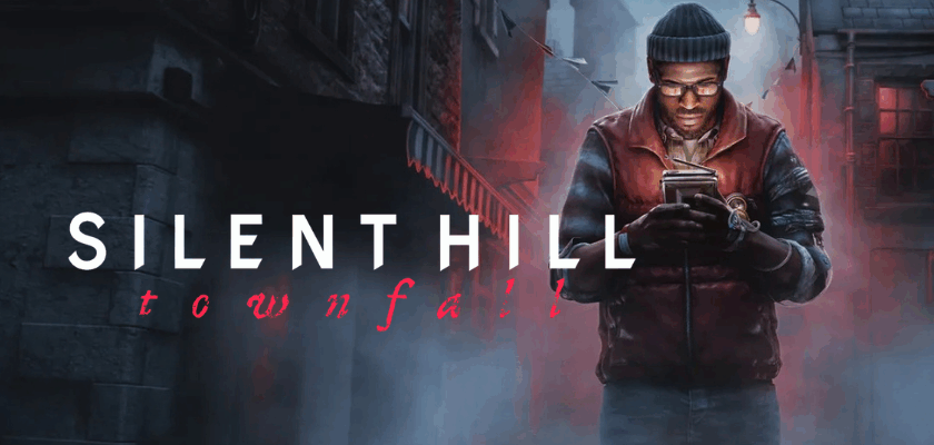 Das Bild zeigt ein stimmungsvolles Artwork zum Horrorspiel „Silent Hill: Townfall“. Im Mittelpunkt steht eine Person mit Mütze und Brille, die in einer nebligen, düsteren Straße auf ein Smartphone blickt. Die dunklen Gebäude, das rötliche Licht und der dichte Nebel erzeugen eine bedrohliche Atmosphäre, während der Spieltitel im Vordergrund eingeblendet ist. Das Motiv dient als Titelbild zu einem Artikel über die Spielestarts 2026.