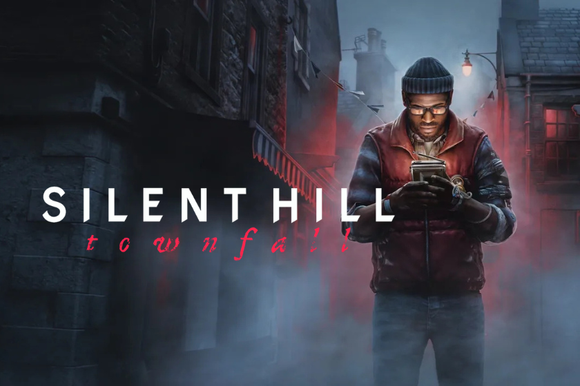 Das Bild zeigt ein stimmungsvolles Artwork zum Horrorspiel „Silent Hill: Townfall“. Im Mittelpunkt steht eine Person mit Mütze und Brille, die in einer nebligen, düsteren Straße auf ein Smartphone blickt. Die dunklen Gebäude, das rötliche Licht und der dichte Nebel erzeugen eine bedrohliche Atmosphäre, während der Spieltitel im Vordergrund eingeblendet ist. Das Motiv dient als Titelbild zu einem Artikel über die Spielestarts 2026.