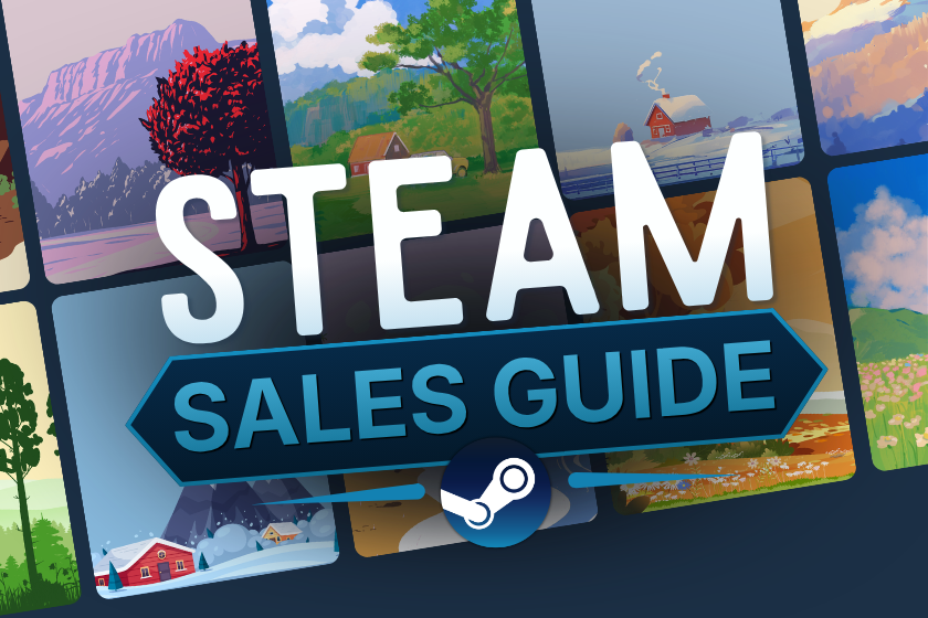 Das Bild zeigt ein Titelmotiv zum Steam Sales Guide. Im Mittelpunkt stehen die Schriftzüge „STEAM“ und „SALES GUIDE“ vor einer Collage aus stilisierten Landschaften und Spielszenen mit Bergen, Wäldern, Feldern, Seen und Häusern. Am unteren Bildrand ist das Steam-Logo zu sehen. Das Motiv dient als Titelbild für einen Ratgeber rund um Steam-Angebote, Rabattaktionen und den Steam Sale.
