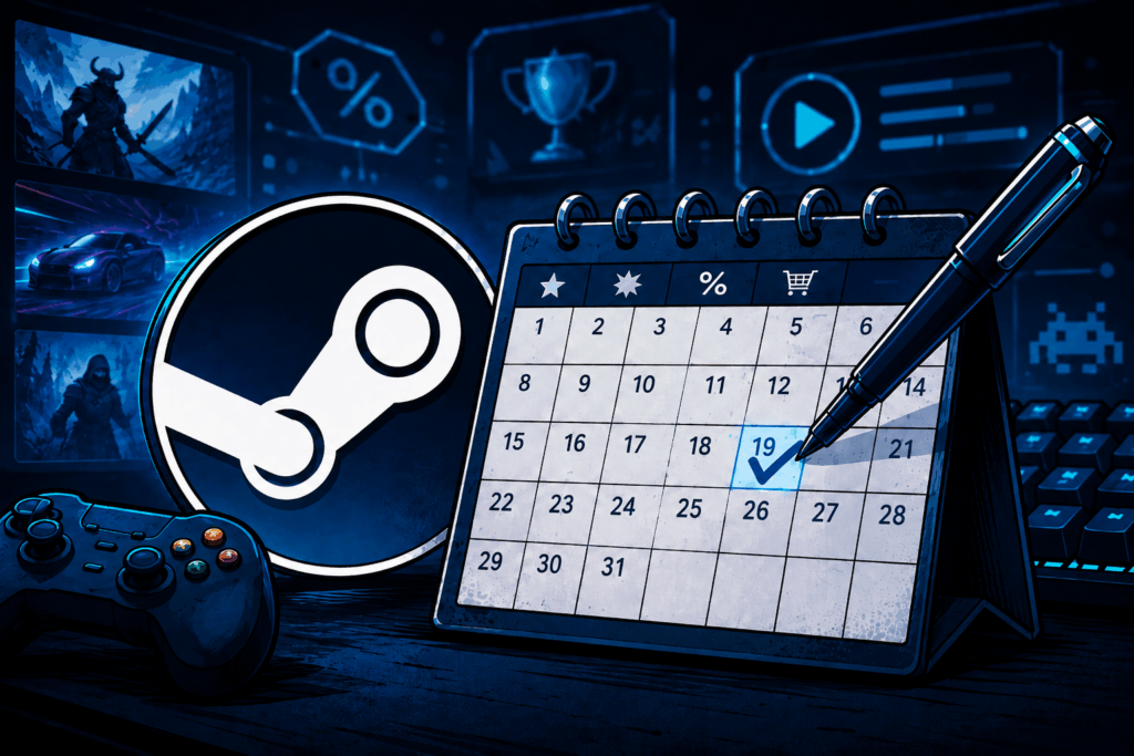 Das Bild zeigt ein stilisiertes Titelmotiv zu einem Ratgeber rund um Steam Sales im ersten Halbjahr von 2027. Im Vordergrund sind das Steam-Logo, ein Tischkalender mit markiertem Termin und ein Stift zu sehen. Im Hintergrund sind mehrere Bildschirme mit Spielszenen sowie Symbolen für Angebote, Bewertungen und Inhalte zu erkennen. Ein Gamecontroller und eine Tastatur unterstreichen den Gaming-Bezug des Motivs.
