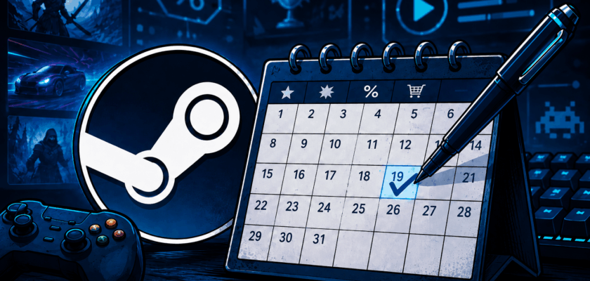 Das Bild zeigt ein stilisiertes Titelmotiv zu einem Ratgeber rund um Steam Sales im ersten Halbjahr von 2027. Im Vordergrund sind das Steam-Logo, ein Tischkalender mit markiertem Termin und ein Stift zu sehen. Im Hintergrund sind mehrere Bildschirme mit Spielszenen sowie Symbolen für Angebote, Bewertungen und Inhalte zu erkennen. Ein Gamecontroller und eine Tastatur unterstreichen den Gaming-Bezug des Motivs.