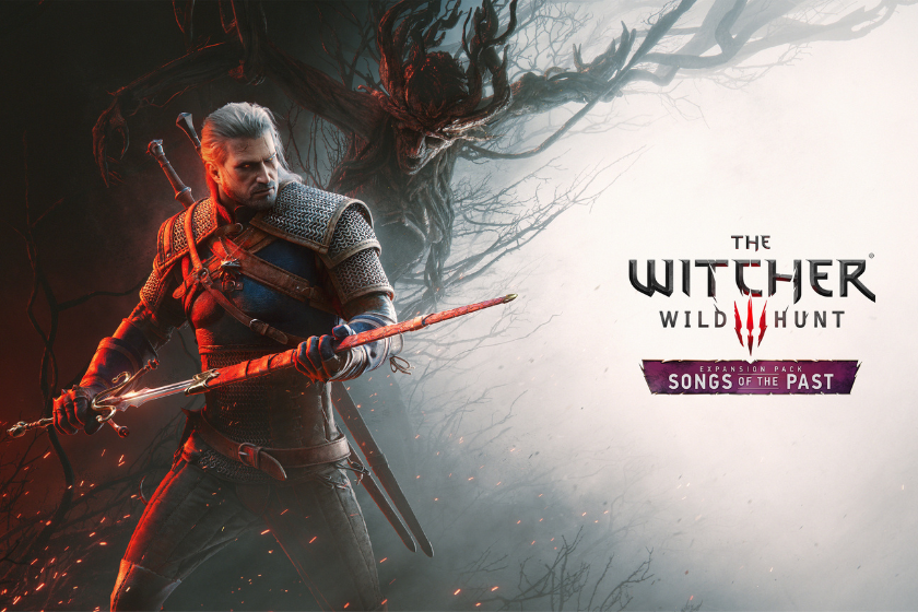 Das Bild zeigt ein Artwork zur Erweiterung „Songs of the Past“ für „The Witcher 3: Wild Hunt“. Im Vordergrund steht Geralt von Riva mit gezogenem Schwert, während sich hinter ihm eine düstere, verzweigte Kreatur aus Ästen erhebt. Funken und dunkle Farben unterstreichen die bedrohliche Fantasy-Atmosphäre, rechts sind der Spieltitel und der Name der Erweiterung eingeblendet.
