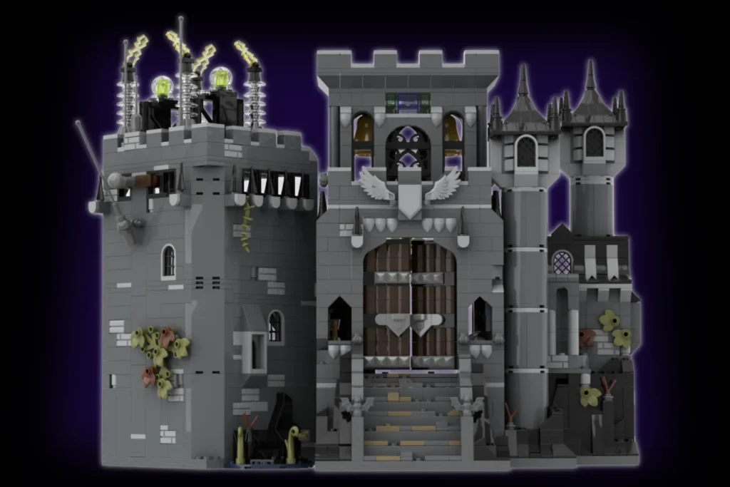 Das Bild zeigt einen Fan-Entwurf für LEGO Ideas mit einer mittelalterlichen Burg. Das Modell besteht aus mehreren Türmen, einer großen Toranlage und dekorativen Details in Grau und Dunkelgrau.