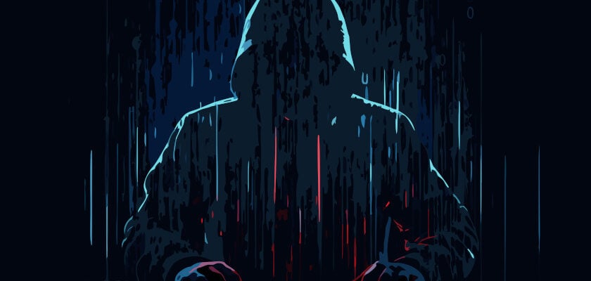 Digitale Illustration zeigt die dunkle Silhouette einer vermummten Gestalt mit Kapuzenpullover, die vor einer Tastatur sitzt und von binären Zahlencodes umgeben ist. Der Bildschirm-Effekt aus vertikalen, tropfenartigen Streifen in Türkis und Rot verleiht der Szene eine bedrohliche, hackertypische Cyber-Atmosphäre.