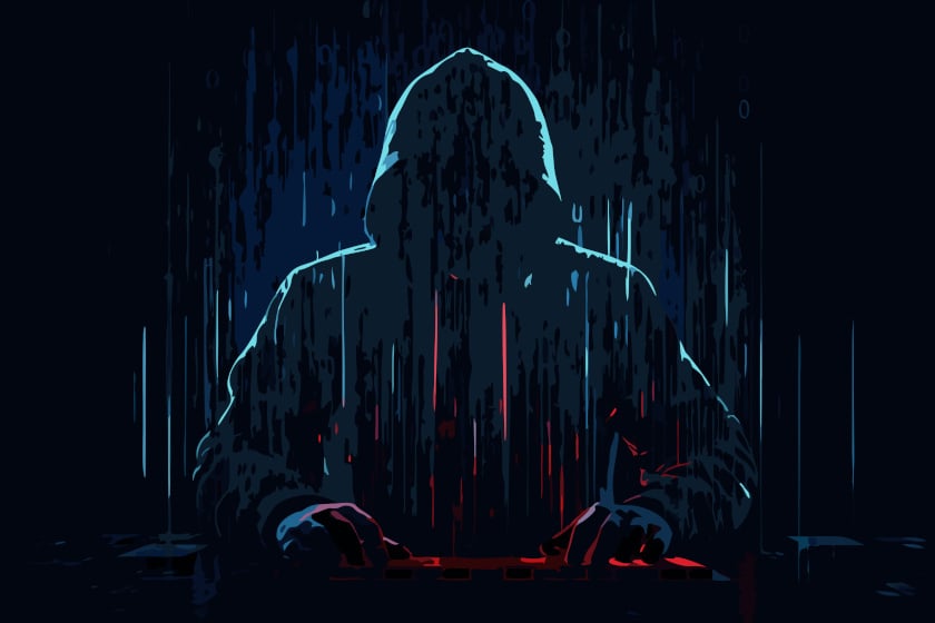Digitale Illustration zeigt die dunkle Silhouette einer vermummten Gestalt mit Kapuzenpullover, die vor einer Tastatur sitzt und von binären Zahlencodes umgeben ist. Der Bildschirm-Effekt aus vertikalen, tropfenartigen Streifen in Türkis und Rot verleiht der Szene eine bedrohliche, hackertypische Cyber-Atmosphäre.