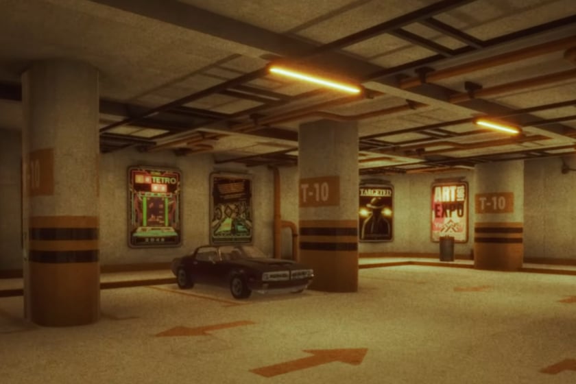 Screenshot aus dem Videospiel „Targeted" zeigt ein verlassenes, retro-stilisiertes Parkhaus mit warmem, gelblichem Licht und orangefarbenen Richtungspfeilen auf dem Boden. Ein klassischer schwarzer Muscle Car steht zwischen den Betonsäulen mit der Aufschrift „T-10", während an der Wand mehrere alte Werbeplakate für Arcade-Spiele und Filmveranstaltungen hängen.