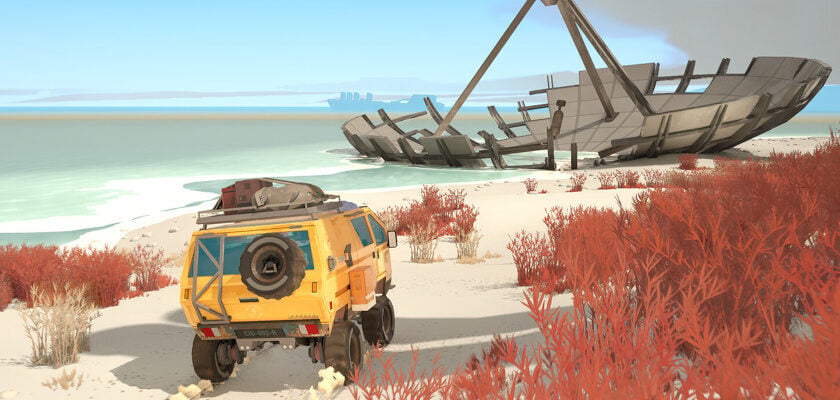 Screenshot aus dem Videospiel „Caravan SandWitch" zeigt einen gelben, geländegängigen Wohnwagen mit Ersatzreifen auf der Rückseite, der über einen sandigen Pfad an einer Küste fährt. Umgeben von auffällig roter, korallenartiger Vegetation liegt am Strand das rostige Wrack eines gestrandeten Schiffes, während im Hintergrund das Meer und die Silhouette weiterer Schiffe zu erkennen sind.