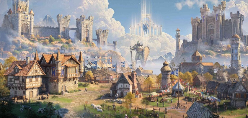 Illustration zum Videospiel „Heroes of Might & Magic III Remake“ zeigt eine mittelalterliche Fantasy-Siedlung mit Fachwerkhäusern, einem Marktplatz mit bunten Zelten und Fahnen sowie zwei imposanten Burgen auf umliegenden Hügeln. Über der Szenerie schwebt eine geflügelte Engelsfigur inmitten heller Lichtstrahlen und Wolken, im Vordergrund steht eine überlebensgroße Ritterstatue mit Schwert und Schild.