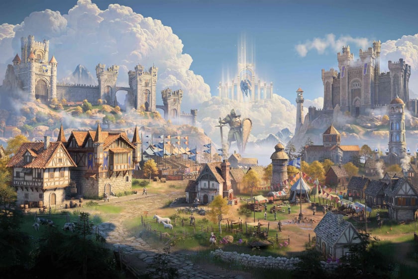 Illustration zum Videospiel „Heroes of Might & Magic III Remake“ zeigt eine mittelalterliche Fantasy-Siedlung mit Fachwerkhäusern, einem Marktplatz mit bunten Zelten und Fahnen sowie zwei imposanten Burgen auf umliegenden Hügeln. Über der Szenerie schwebt eine geflügelte Engelsfigur inmitten heller Lichtstrahlen und Wolken, im Vordergrund steht eine überlebensgroße Ritterstatue mit Schwert und Schild.