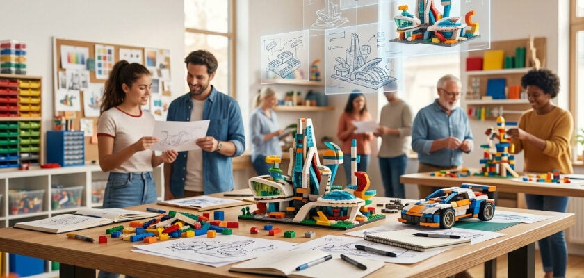 Dieselbe Illustration eines LEGO-Design-Workshops, zusätzlich mit einem grauen „AI"-Kennzeichen oben links versehen, das auf künstlich generierten Bildinhalt hinweist. Am Holztisch begutachten mehrere Personen bunte LEGO-Modelle eines Gebäudekomplexes und eines Rennwagens, während darüber transparente digitale Konstruktionszeichnungen schweben und im Hintergrund weitere Teilnehmer mit Bausteinen und Skizzen beschäftigt sind.