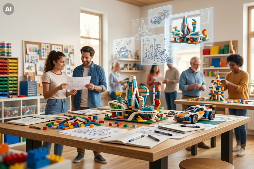 Illustration eines LEGO-Design-Workshops, zusätzlich mit einem grauen „AI"-Kennzeichen oben links versehen, das auf künstlich generierten Bildinhalt hinweist. Am Holztisch begutachten mehrere Personen bunte LEGO-Modelle eines Gebäudekomplexes und eines Rennwagens, während darüber transparente digitale Konstruktionszeichnungen schweben und im Hintergrund weitere Teilnehmer mit Bausteinen und Skizzen beschäftigt sind.