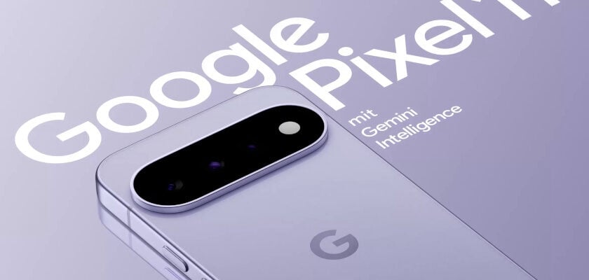 Werbeanzeige für das Google Pixel 11 vor einem lila-violetten Verlaufshintergrund, mit dem großen weißen Schriftzug „Google Pixel 11" und dem Zusatz „mit Gemini Intelligence" diagonal im Bild platziert. Im Vordergrund ist die Rückseite des Smartphones mit ovalem Kameramodul und Google-Logo zu sehen, die sich leicht in der spiegelnden Fläche darunter reflektiert.