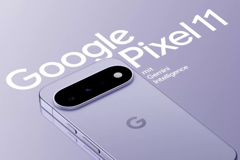 Werbeanzeige für das Google Pixel 11 vor einem lila-violetten Verlaufshintergrund, mit dem großen weißen Schriftzug „Google Pixel 11" und dem Zusatz „mit Gemini Intelligence" diagonal im Bild platziert. Im Vordergrund ist die Rückseite des Smartphones mit ovalem Kameramodul und Google-Logo zu sehen, die sich leicht in der spiegelnden Fläche darunter reflektiert.
