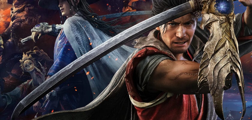Key-Art zum Videospiel „Onimusha: Way of the Sword" zeigt im Vordergrund einen entschlossen blickenden Samurai mit einer goldenen, drachenartig verzierten Prothesenhand am linken Arm, der ein langes Schwert schwingt. Im Hintergrund ist eine geheimnisvolle Frau mit breitkrempigem Hut und traditioneller Kleidung zu erkennen, während links dämonische Kreaturen in einer düster-orange leuchtenden Schlachtszenerie auftauchen.
