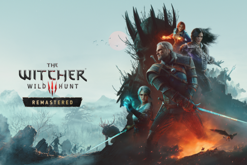Artwork zu The Witcher 3: Wild Hunt Remastered mit Geralt, Ciri, Yennefer und Triss vor einer düsteren Fantasy-Landschaft.