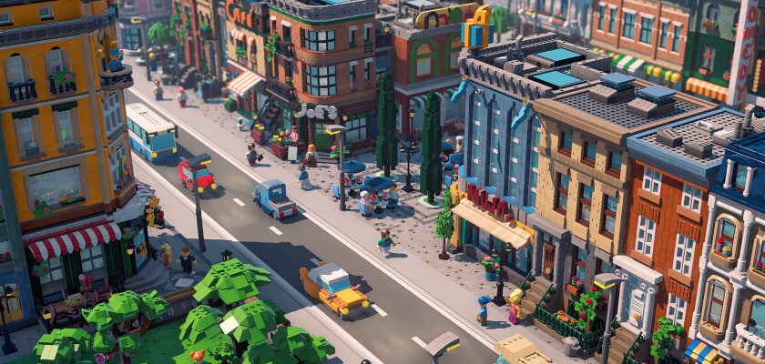3D-Renderbild zeigt eine detailreiche LEGO-Stadtszene aus dem Videospiel „LEGO Skylines“ mit mehrstöckigen Gebäuden, Geschäften und beschrifteten Ladenschildern entlang einer Straße. Auf der Straße fahren verschiedene LEGO-Fahrzeuge, während zahlreiche LEGO-Figuren auf Gehwegen und in einem kleinen Park mit Bäumen unterwegs sind.