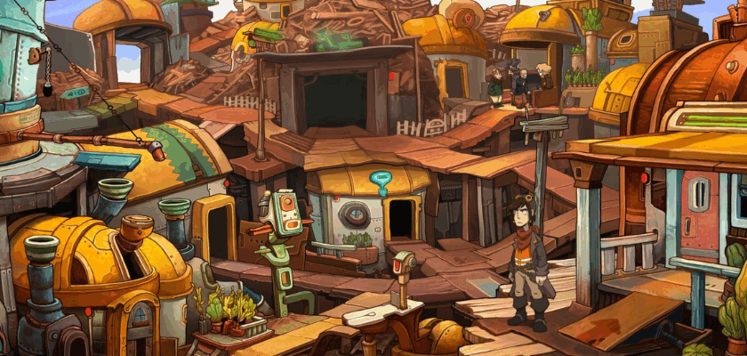 Szene aus Deponia mit Rufus in einer chaotischen Stadt aus Schrott, Rohren und bunten Gebäuden im Comic-Stil.