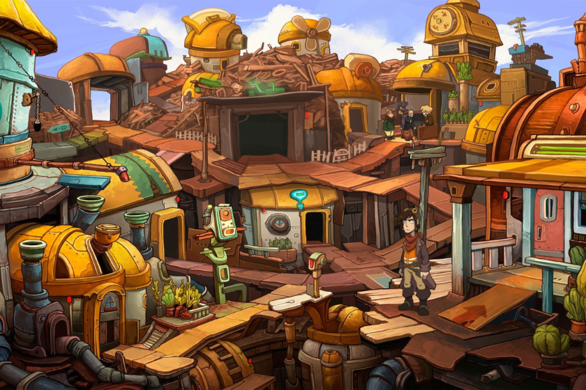 Szene aus Deponia mit Rufus in einer chaotischen Stadt aus Schrott, Rohren und bunten Gebäuden im Comic-Stil.