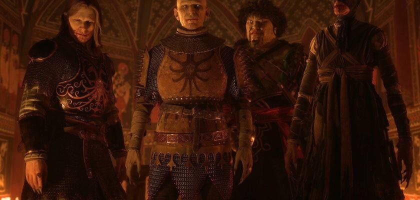 Vier bedrohliche Charaktere aus The Blood of Dawnwalker stehen in einem von Kerzen beleuchteten mittelalterlichen Raum