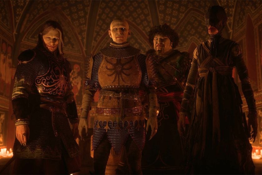 Vier bedrohliche Charaktere aus The Blood of Dawnwalker stehen in einem von Kerzen beleuchteten mittelalterlichen Raum