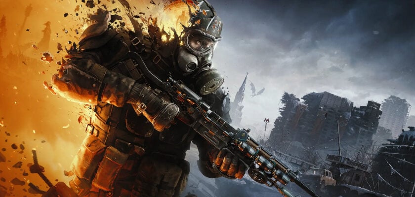 Illustration zum Videospiel „Metro 2039“ zeigt einen Charakter mit Gasmaske und schwerer Rüstung, der eine Waffe im Anschlag hält, während links eine Explosion mit Feuer und Trümmern zu sehen ist. Im Hintergrund erstreckt sich eine zerstörte, verschneite Stadtlandschaft unter dunklen, bewölkten Himmel.