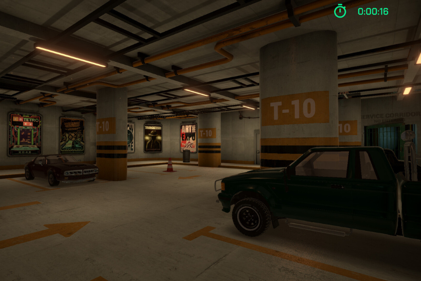 Screenshot aus Targeted -10 Days mit einer düsteren Tiefgarage, mehreren geparkten Autos und einem eingeblendeten Timer.