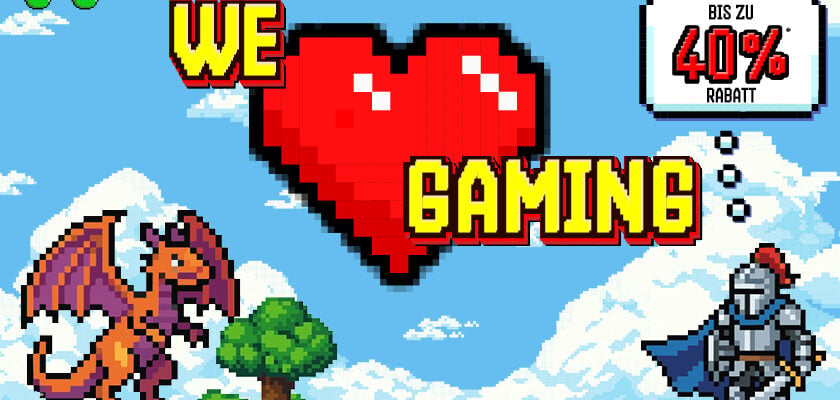 Pixel-Art-Grafik zu den We Love Gaming Deals bei ALTERNATE mit Herz, Drache und Ritter sowie Hinweis auf bis zu 40 Prozent Rabatt auf die UVP.