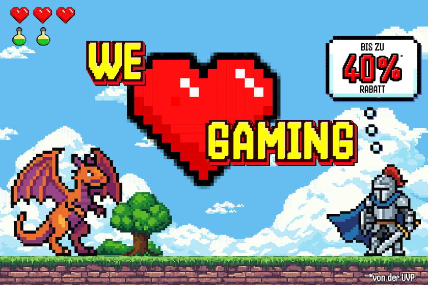 Pixel-Art-Grafik zu den We Love Gaming Deals bei ALTERNATE mit Herz, Drache und Ritter sowie Hinweis auf bis zu 40 Prozent Rabatt auf die UVP.